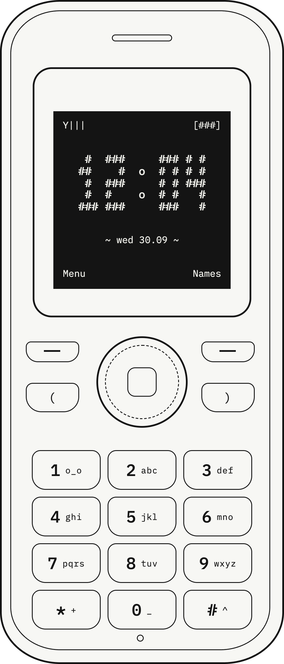 an old phone showing the time in Musairec's hash glyphs, wed 30.09