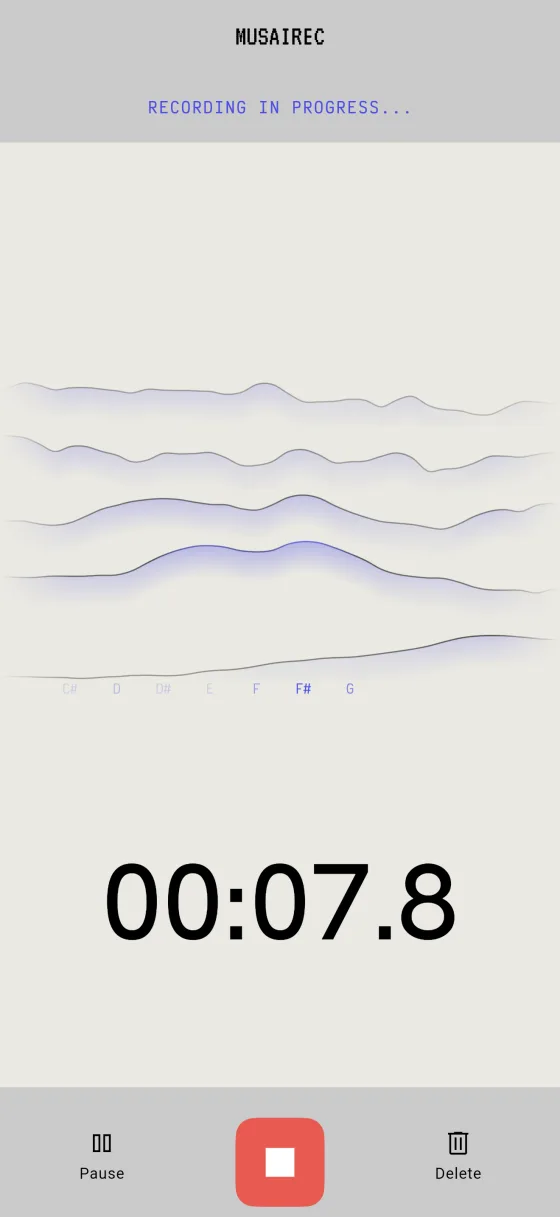 The Musairec recording screen: “Recording in progress” above the live spectrum, a running timer and the stop button.
