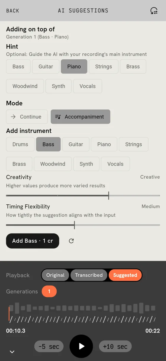 The AI suggestions screen in Musairec: a hint instrument, continue or accompaniment, the instrument to add, creativity and timing, and the button to add it.