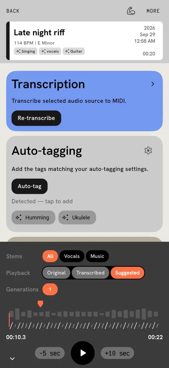 The Musairec player with stems (all, vocals, music) and playback of the original, transcribed and suggested versions.