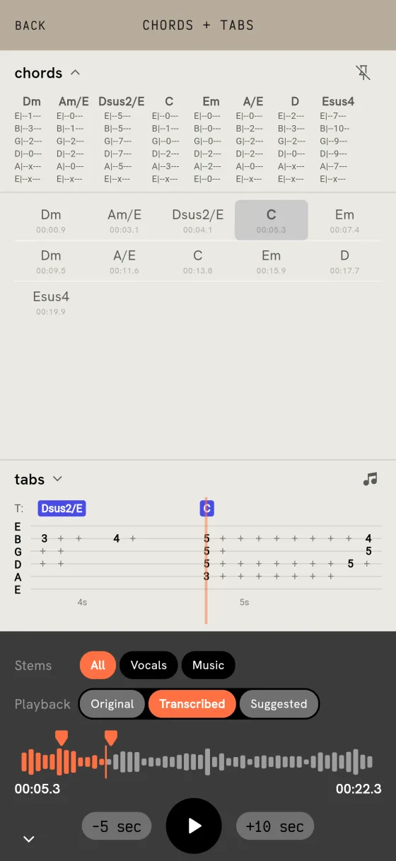 The chords and tabs of a take in Musairec: chord diagrams, the chord timeline and the guitar tablature.